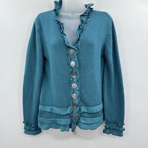 VTG Pure Handknit Ruffle Artsy Cardigan Sz S/M Blue 100% Cotton Eclectic Button